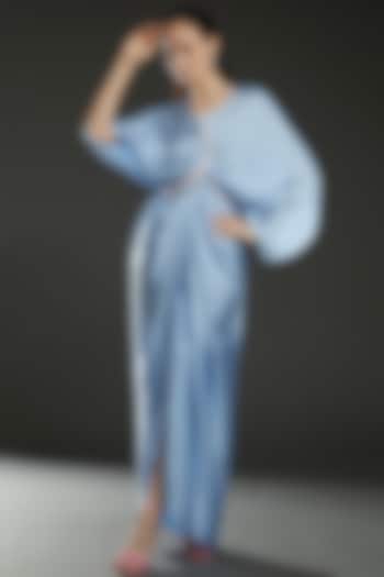 Ice Blue Hammared Satin Draped Kaftan Cocktail Dress by Amit Aggarwal at Pernia's Pop Up Shop